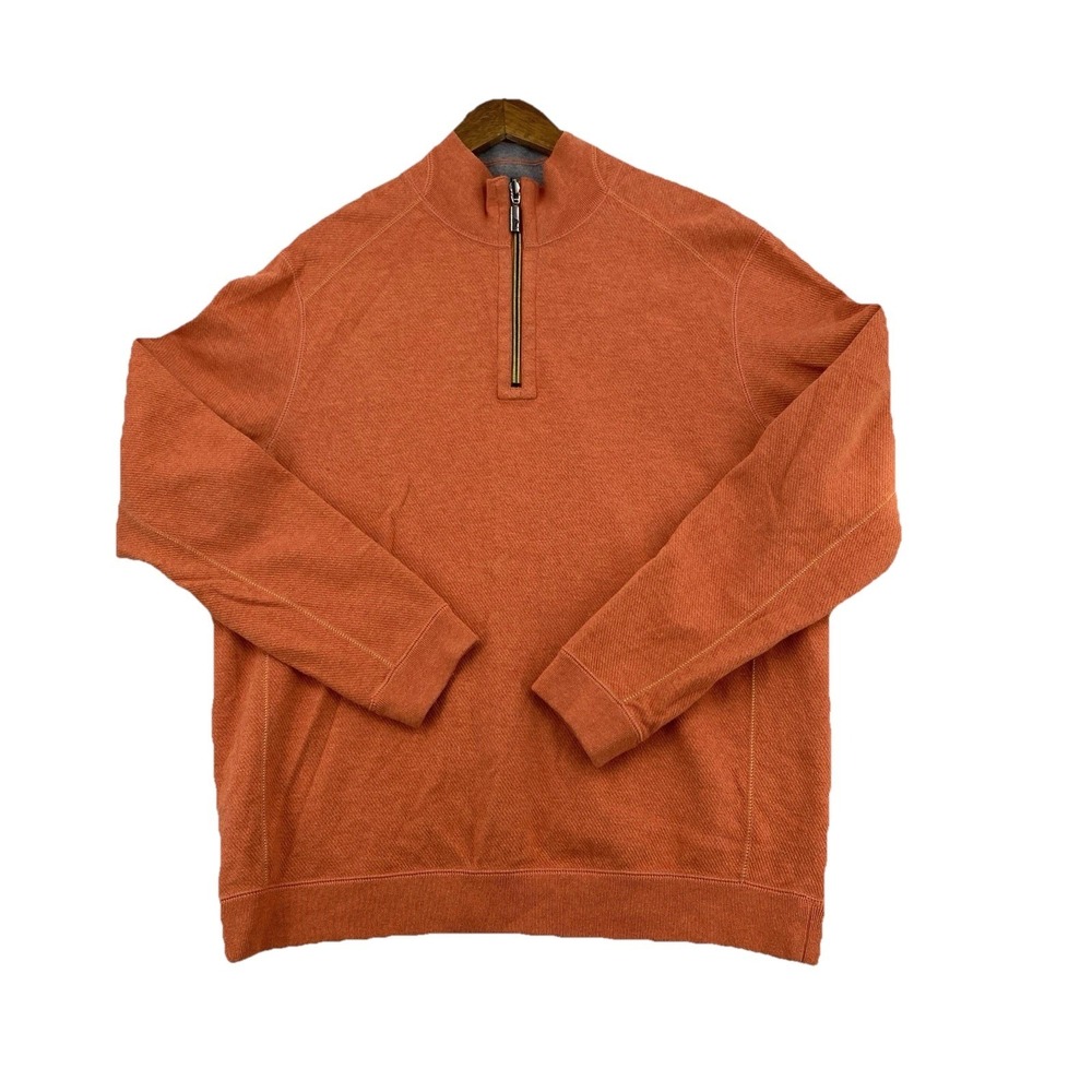 Tommy Bahama Mens 100% Cotton Sweater Large* Orange 1/4 Zip Marlin Logo Pullover